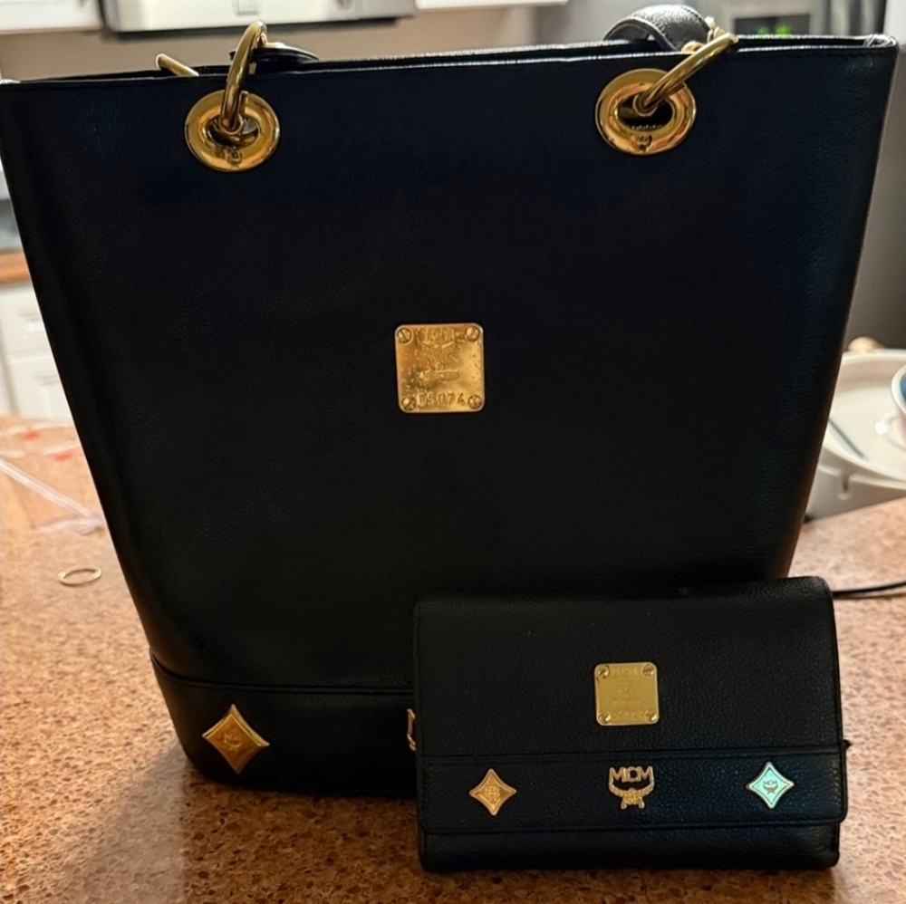 MCM Studded Tote and matching wallet